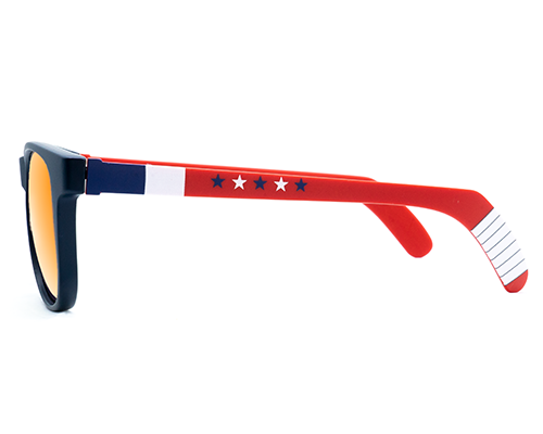 Red white top blue sunglasses